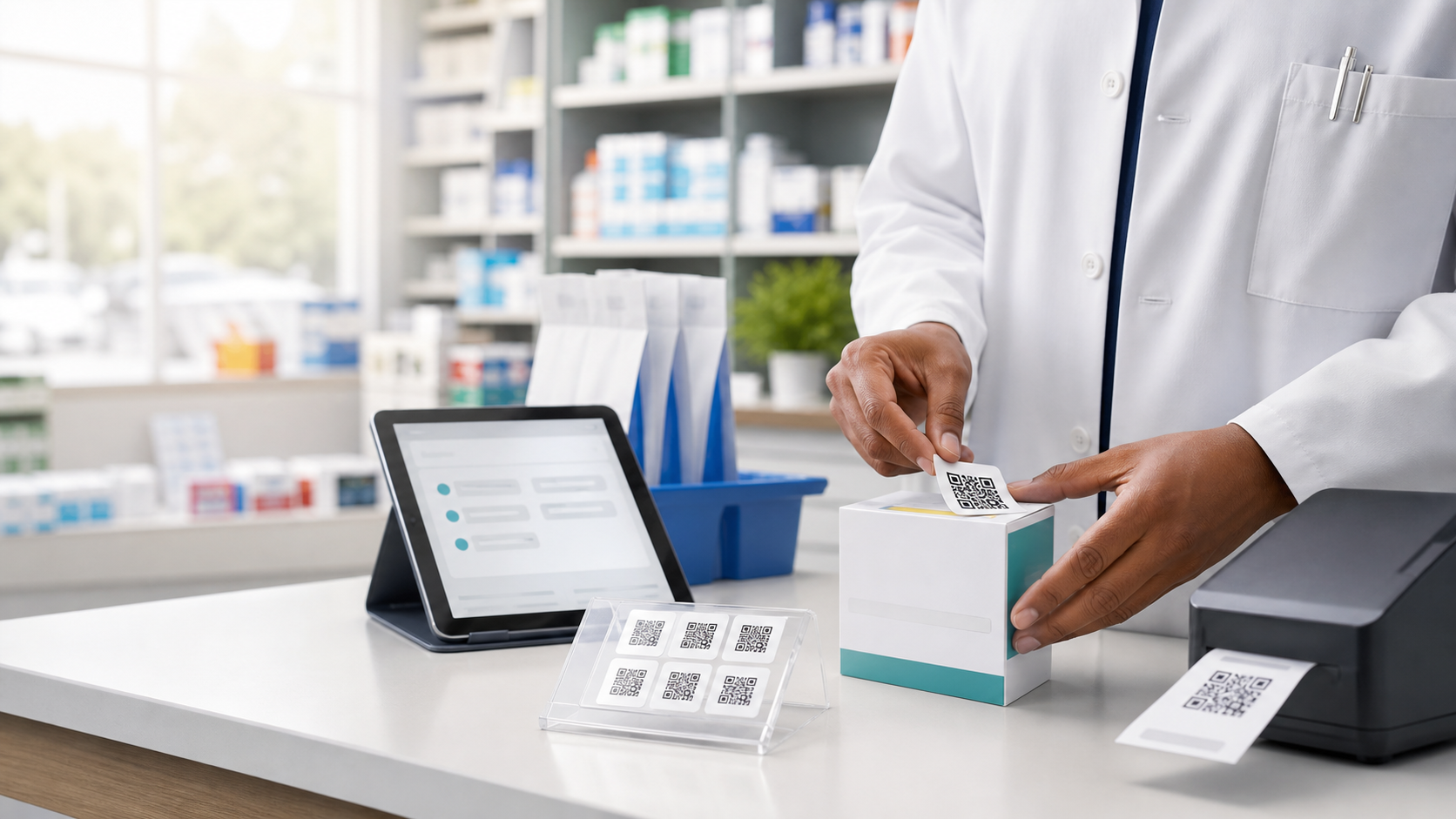 Pharmacist applying a QR code sticker beside a receipt printer in a modern pharmacy
