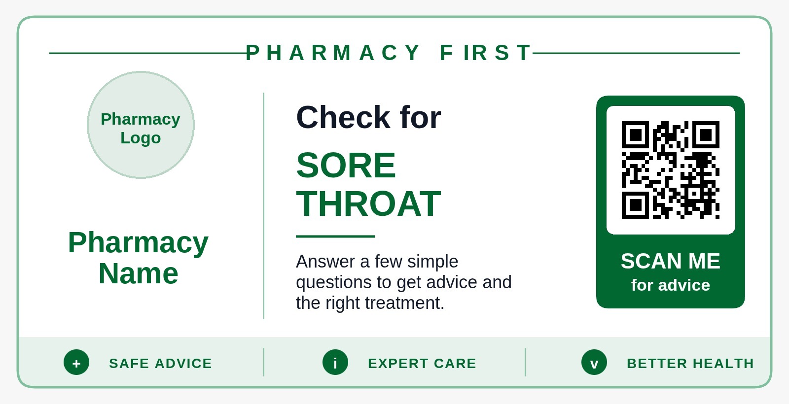 Scan2Care Pharmacy First QR poster for Sore throat